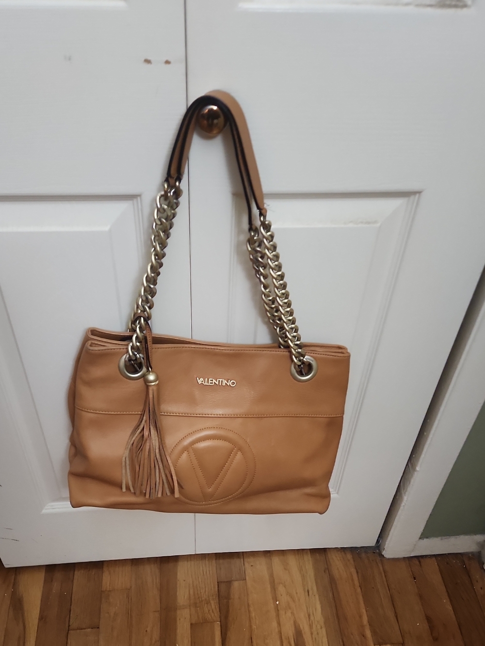 Valentino Camel Leather Shoulder Bag with Gold Chain Straps
